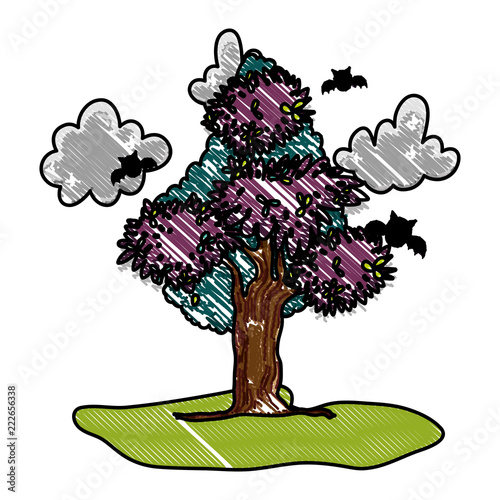 grated tree leaves with dark clouds and bats