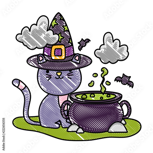 grated cute cat with hat and pot cauldron