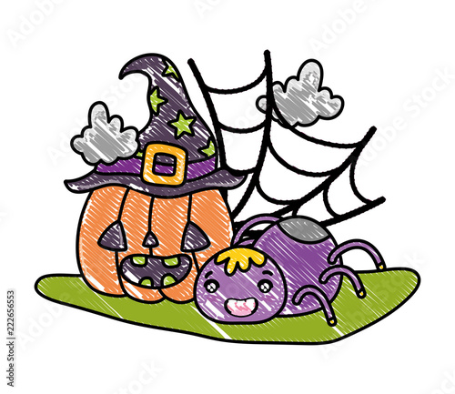 grated spider and happy pumpkin with hat and spiderweb