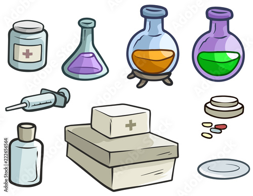 Cartoon medicine flask pills and syringe