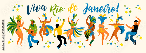 Brazil carnival. Vector illustration of funny dancing men and women in bright costumes.