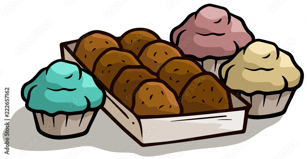 Cartoon chocolate cake muffin in box vector icon Cartoon chocolate cake muffin in box vector icon