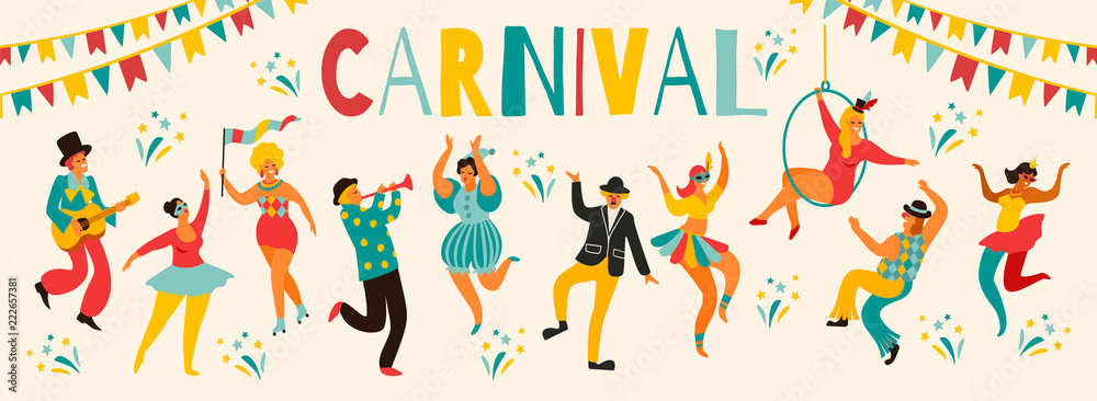 Hello Carnival Vector illustration of funny dancing men and women in bright costumes Hello Carnival Vector illustration of funny dancing men and women in bright costumes