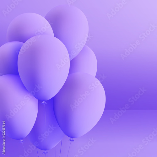 Set of realistic mat helium balloons floating on purple background. Vector 3D balloons for birthday, party, wedding or promotion banners or posters. Vivid illustration in pastel colors.