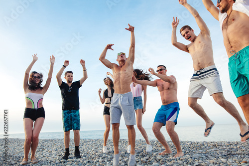 Group of Friends Having Party on Beach, dance, jump and fun