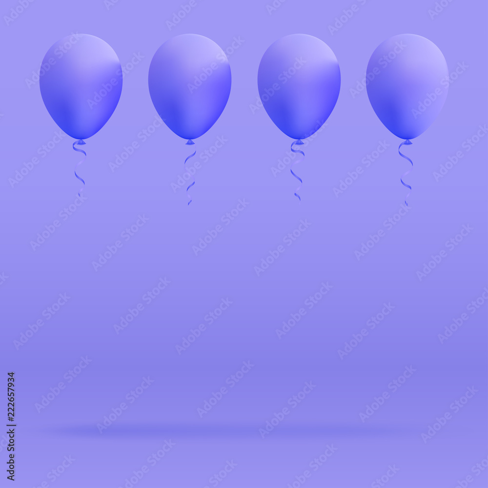 Set of realistic mat helium balloons floating on purple background. Vector 3D balloons for birthday, party, wedding or promotion banners or posters. Vivid illustration in pastel colors.