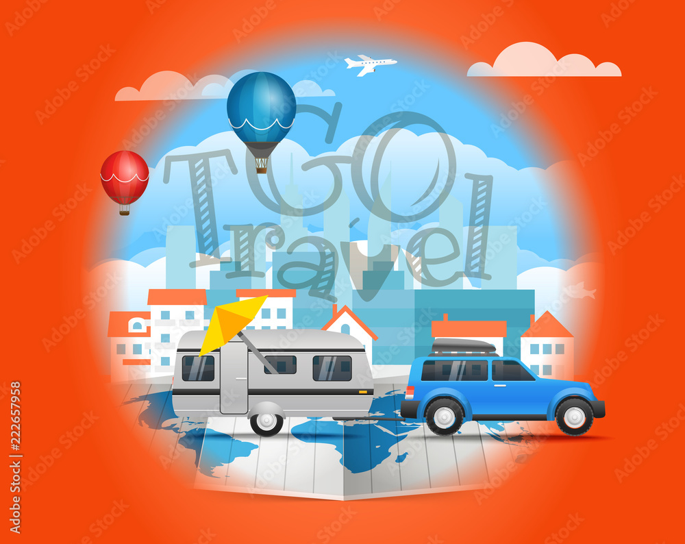 Fototapeta premium Go travel concept with the car. Vector infographic elements