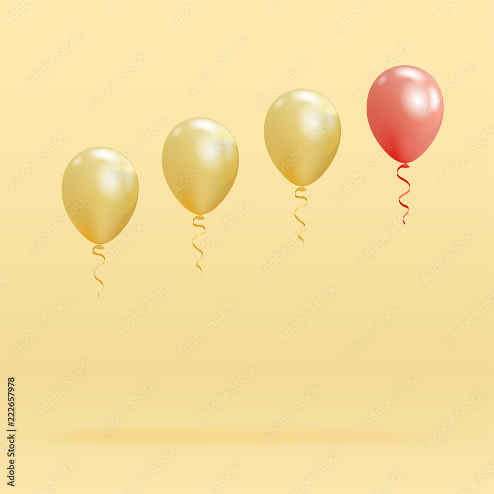 Realistic glossy helium balloons floating on blue background. 3D balloons poster,concept of leadership and individuality. Vector illustration in pastel colors.