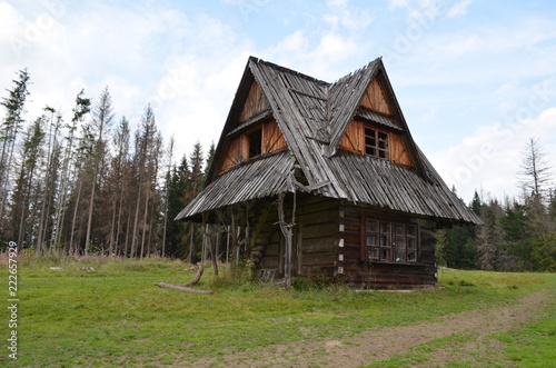 Mały drewniany domek opuszczony po pożarze lasu, Butorowy Wierch, Polska