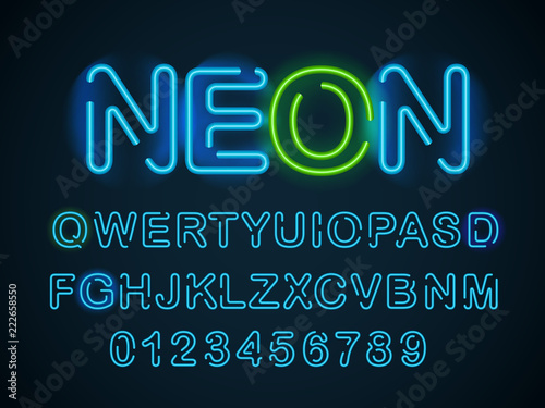 Neon blue font. English alphabet and digits set. Vector illustration