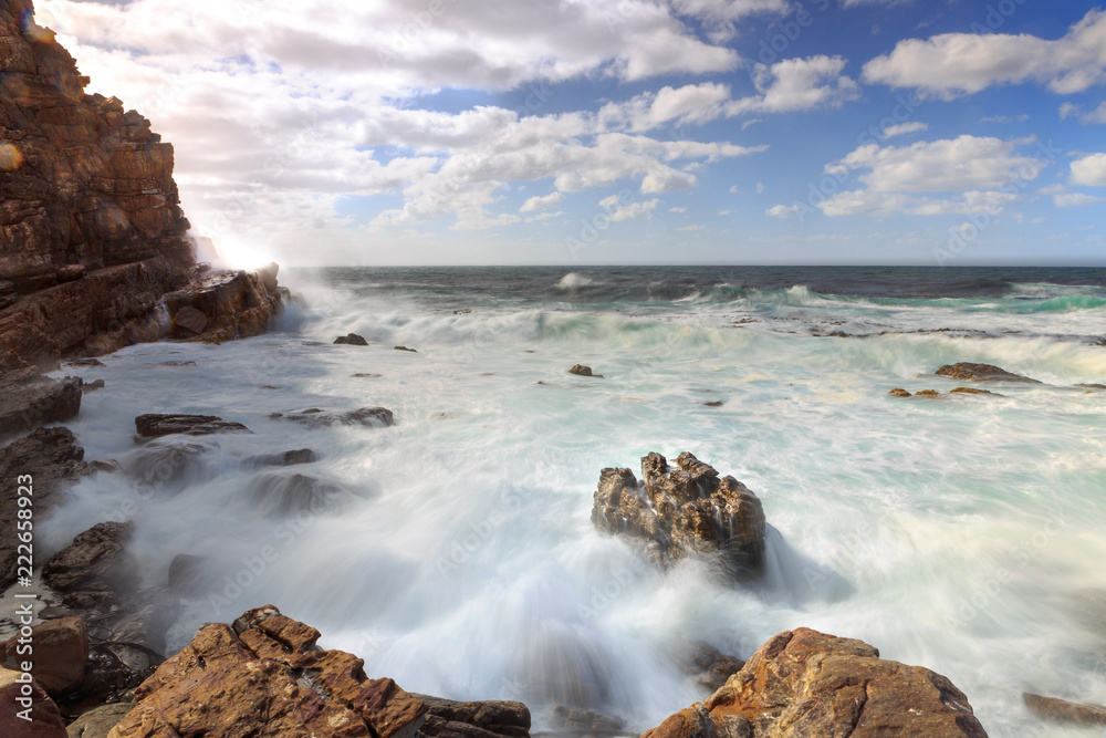 Long Time Exposure of Ocean Waves at Cape Point on Rocks
