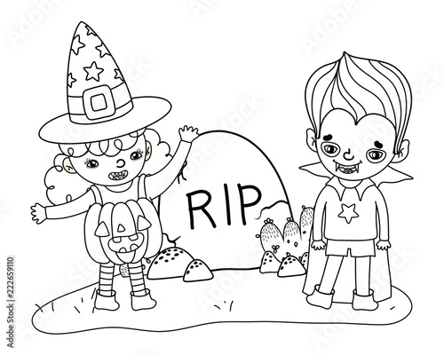 outline gril and boy with halloween costume and rip stone