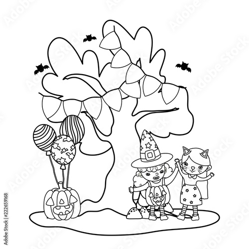 outline grils with costumes and pumpkin with balloons and tree