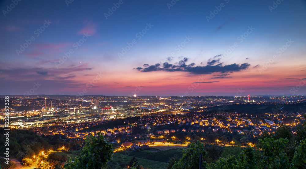 Red and Purple Sunset Over City of Stuttgart Germany on Summer Evening