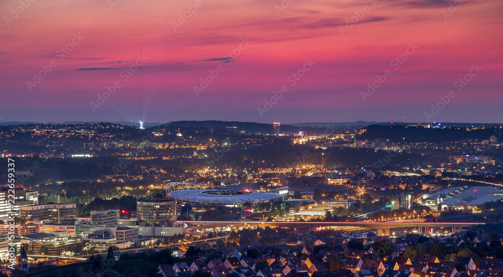 Red and Purple Sunset Over City of Stuttgart Germany on Summer Evening