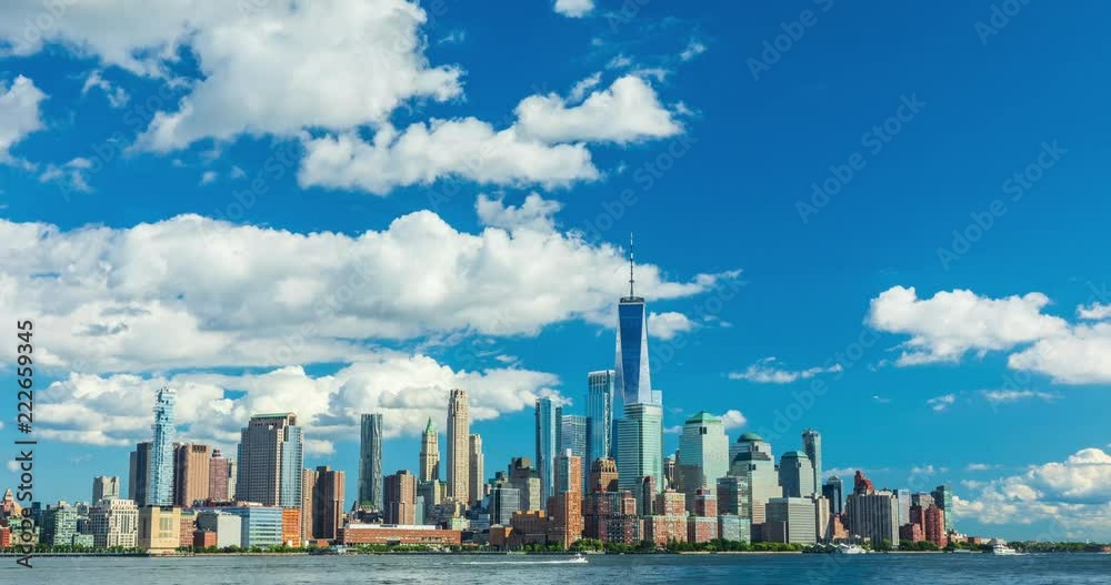 View to Manhattan skyline from Hoboken Riverside Park, New Jersey, USA, time lapse
