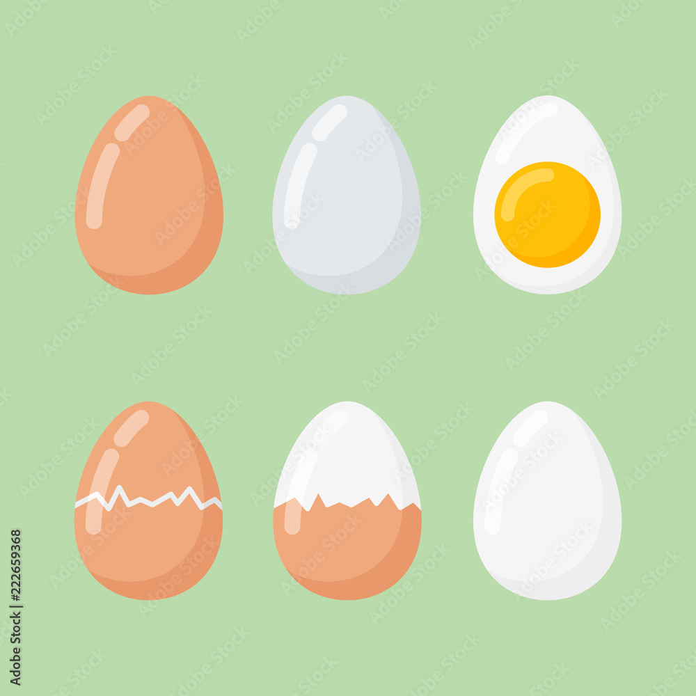 Set of raw and boiled eggs isolated on green background. Flat style vector illustration. Set of raw and boiled eggs isolated on green background. Flat style vector illustration.