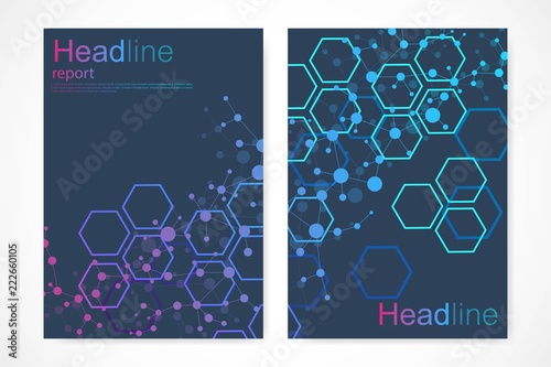 Minimal brochure templates, magazine, leaflet, flyer, cover, booklet, annual report, banner. Scientific concept for medical, technology, chemistry. Hexagonal molecule structure. Dna, atom, neurons.