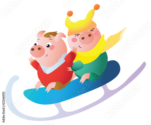A Funny piglets on a  big sled. Vector illustration.  Isolated on transparent background.  Excellent for the design of postcards, posters, stickers and so on. © ipelagus