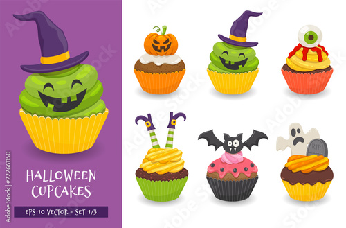 Halloween cupcake set. Cute scary desserts, perfect for party invitations. Vector illustration isolated on a white background. Set 1 of 3.