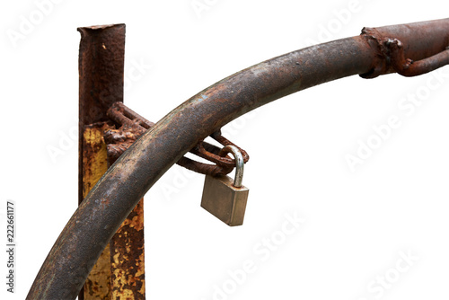 Rusty barrier is closed on a padlock. Isolated on a white background