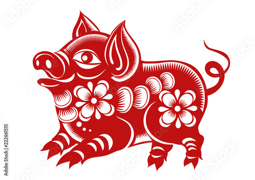 Chinese Zodiac Sign Year of Pig,Red paper cut pig,Happy Chinese New Year 2019 year of the pig