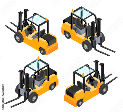 Yellow forklift isolated on white background. All isometric views and profile empty. Vector illustration.