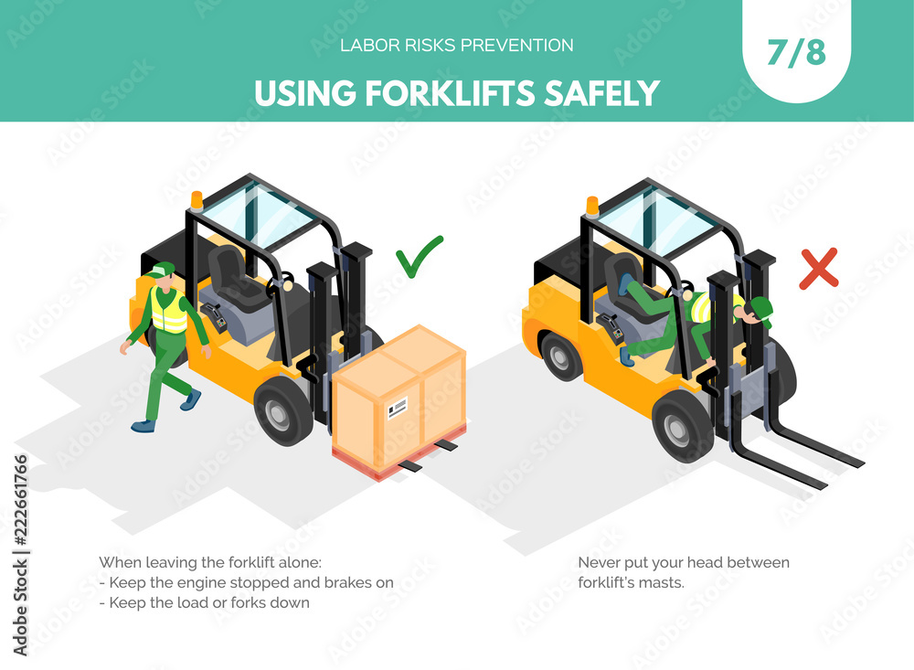 Recomendatios about using forklifts safely. Labor risks prevention concept. Isometric design isolated on white background. Vector illustration. Set 7 of 8 Recomendatios about using forklifts safely. Labor risks prevention concept. Isometric design isolated on white background. Vector illustration. Set 7 of 8