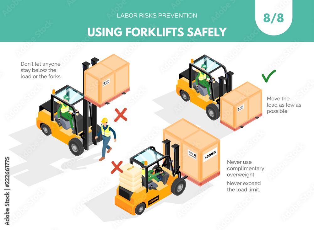 Recomendatios about using forklifts safely. Labor risks prevention concept. Isometric design isolated on white background. Vector illustration. Set 8 of 8