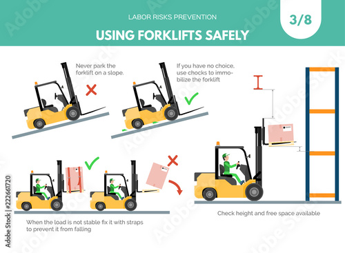 Recomendatios about using forklifts safely. Labor risks prevention concept. Isometric design isolated on white background. Vector illustration. Set 3 of 8 photo