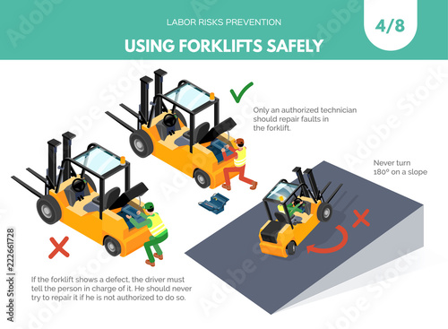 Recomendatios about using forklifts safely. Labor risks prevention concept. Isometric design isolated on white background. Vector illustration. Set 4 of 8 photo