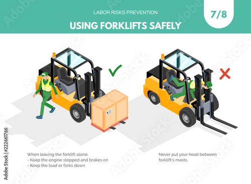 Recomendatios about using forklifts safely. Labor risks prevention concept. Isometric design isolated on white background. Vector illustration. Set 7 of 8