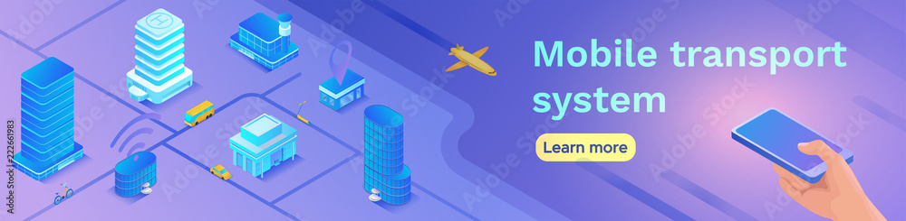 Mobile transportation online service banner template, travel booking app concept with 3d isometric vector flat icons of smartphone, airplane, bus, electric scooter, intelligent building, skyscraper