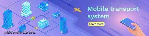 Mobile transportation online service banner template, travel booking app concept with 3d isometric vector flat icons of smartphone, airplane, bus, electric scooter, intelligent building, skyscraper