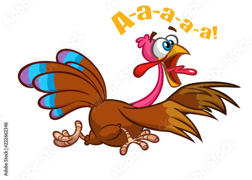 Screaming running cartoon turkey bird character. Vector illustration