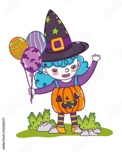 happy gril with pumpkin costume and balloons