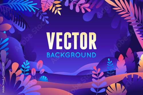 Vector illustration in trendy flat style and bright vibrant gradient colors - background with copy space for text - plants, leaves, trees