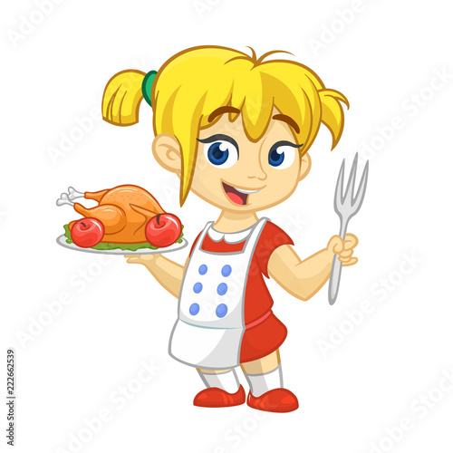 Cartoon girl serving roasted thanksgiving turkey dish. Thanksgiving design