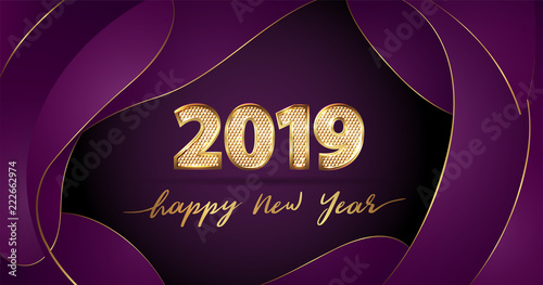 Golden Vector luxury text 2019 Happy new year on purple fluid background