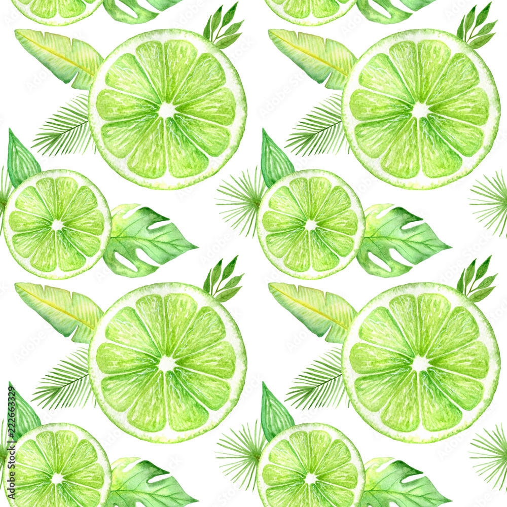 Citrus slice fruits watercolor hand drawn pattern. Orange, lemon, lime isolated on white background. For the design of invitations, greeting cards, wallpapers, banners, web and print