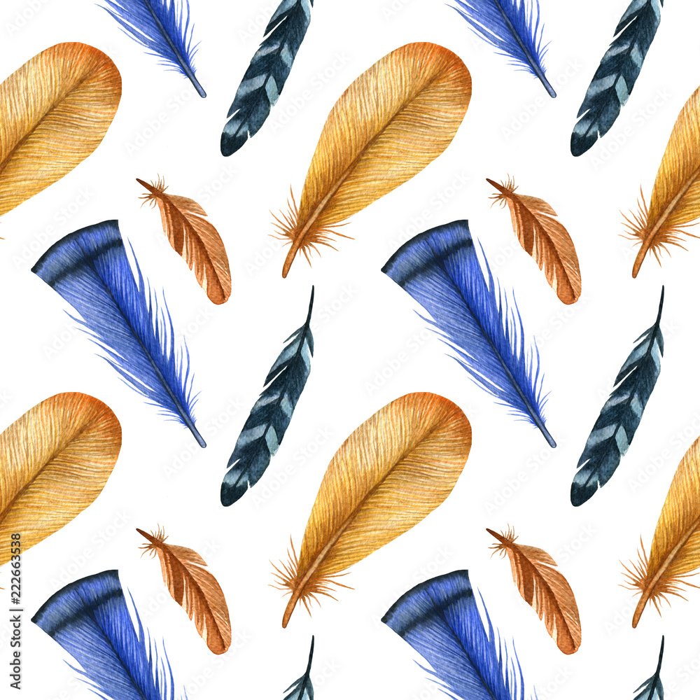 Obraz Watercolor fashion seamless pattern with feathers. fabric background