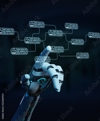 White robot on blurred background hacking and accessing private cyber datas