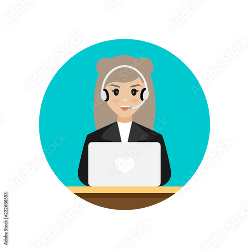  Girl with earphones and microphone working in call center. Concept of call center and technical support. .