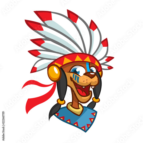Cartoon Native American character head icon. Vector illustration of native american chief with feathers on his head