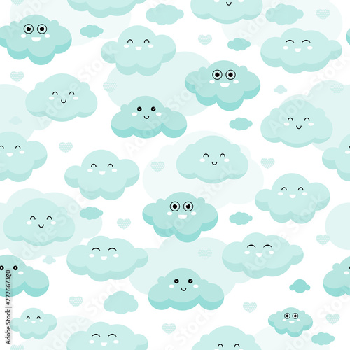 Cute clouds with faces, emotions, seamless pattern