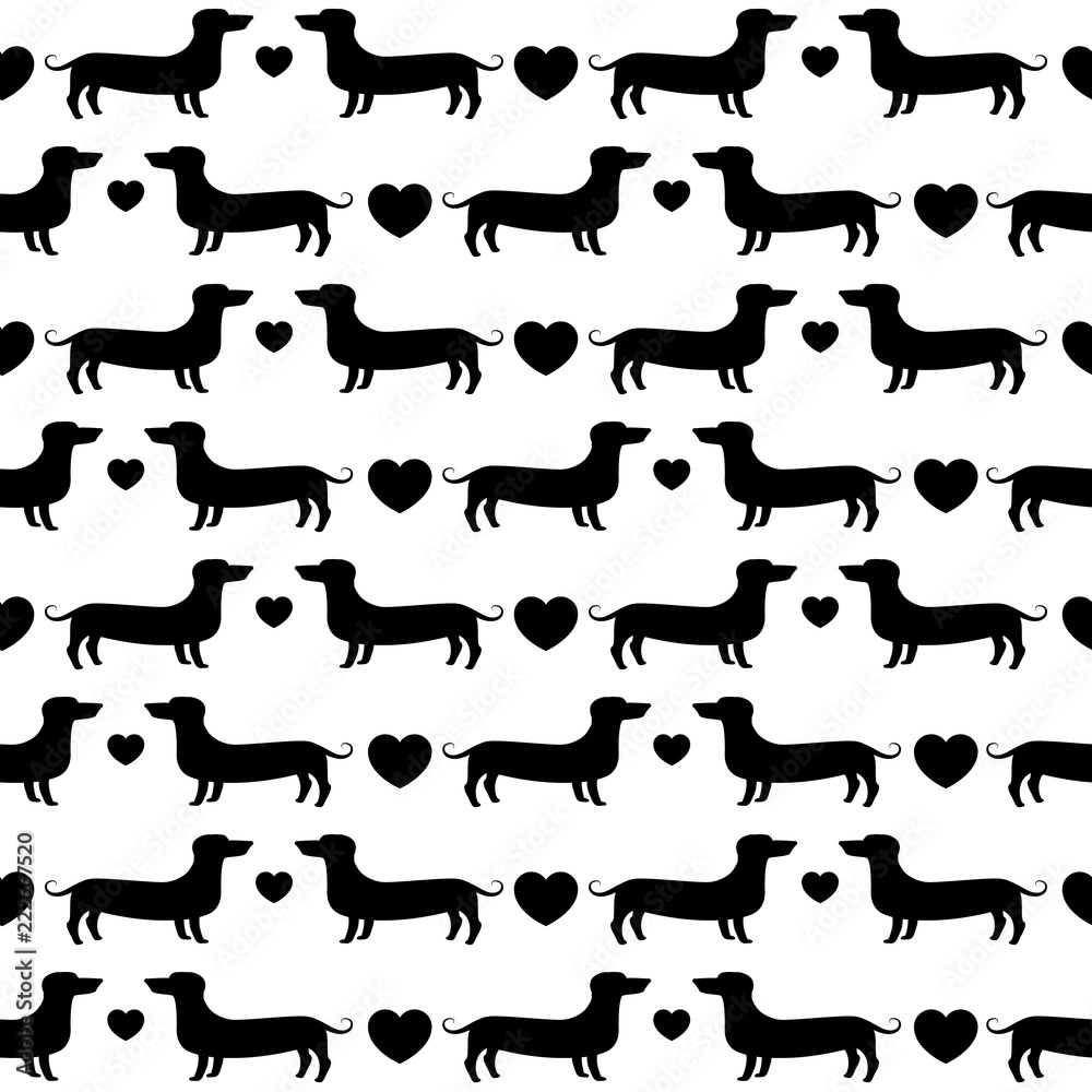 Dachshund silhouette seamless pattern, vector, monochrome, black and white pattern
