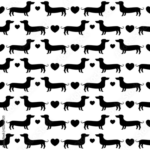 Dachshund silhouette seamless pattern, vector, monochrome, black and white pattern