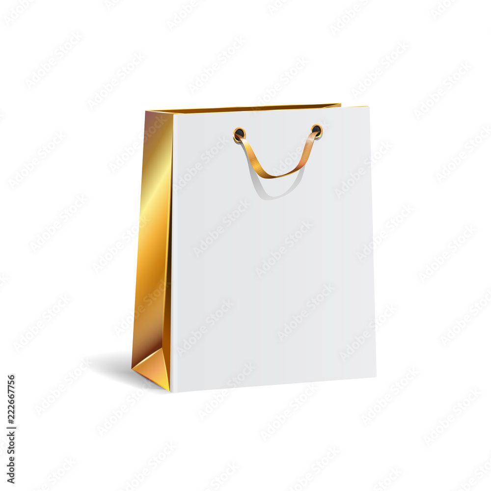 Vector illustration of empty gift paper shopping bag with gold sides.  Isolated mock up Stock Vector | Adobe Stock