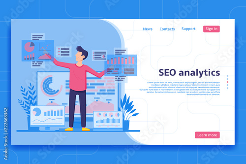 SEO analytics landing page. Search engine optimization analysis concept. IT specialist works with analytic web pages with charts. Vector illustration.