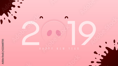 Funny card for Happy New Year 2019. Vector illustration with cutted paper penny pig and mud.